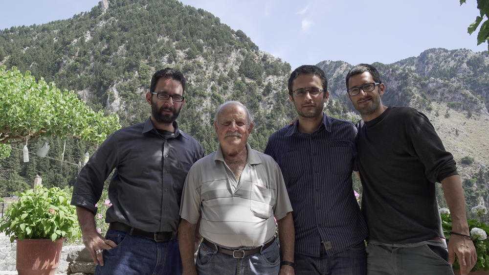 The Interview- team with survivor of concentration camp Mauthausen, Stavros Papoutsakis, Meskla, Chania, Crete, 14 June 2016