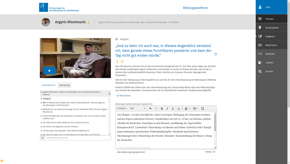 "Erinnerungen an die Okkupation in Griechenland - Bildungsportal": Video, Übersetzung, Aufgabe und Arbeitsfenster